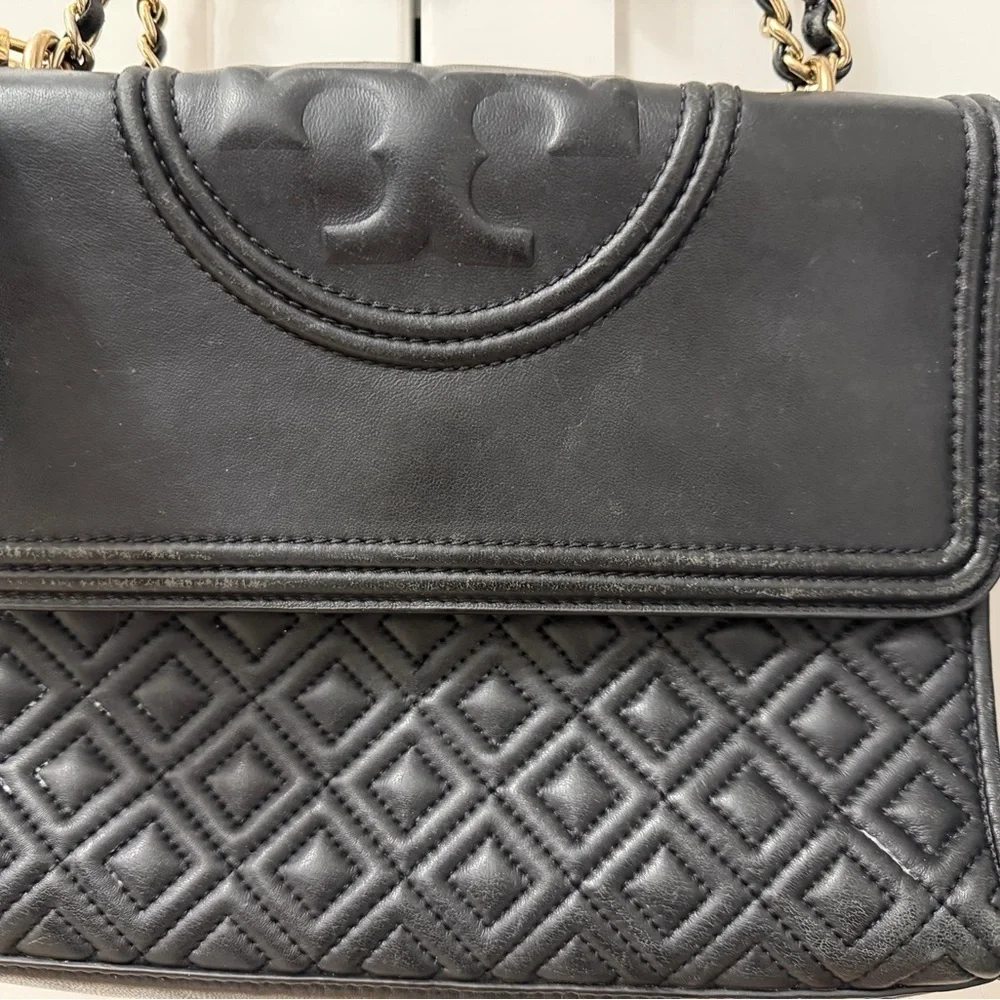 Tory Burch Large Black Matte Fleming Quilted Convertible Leather Shoulder Bag